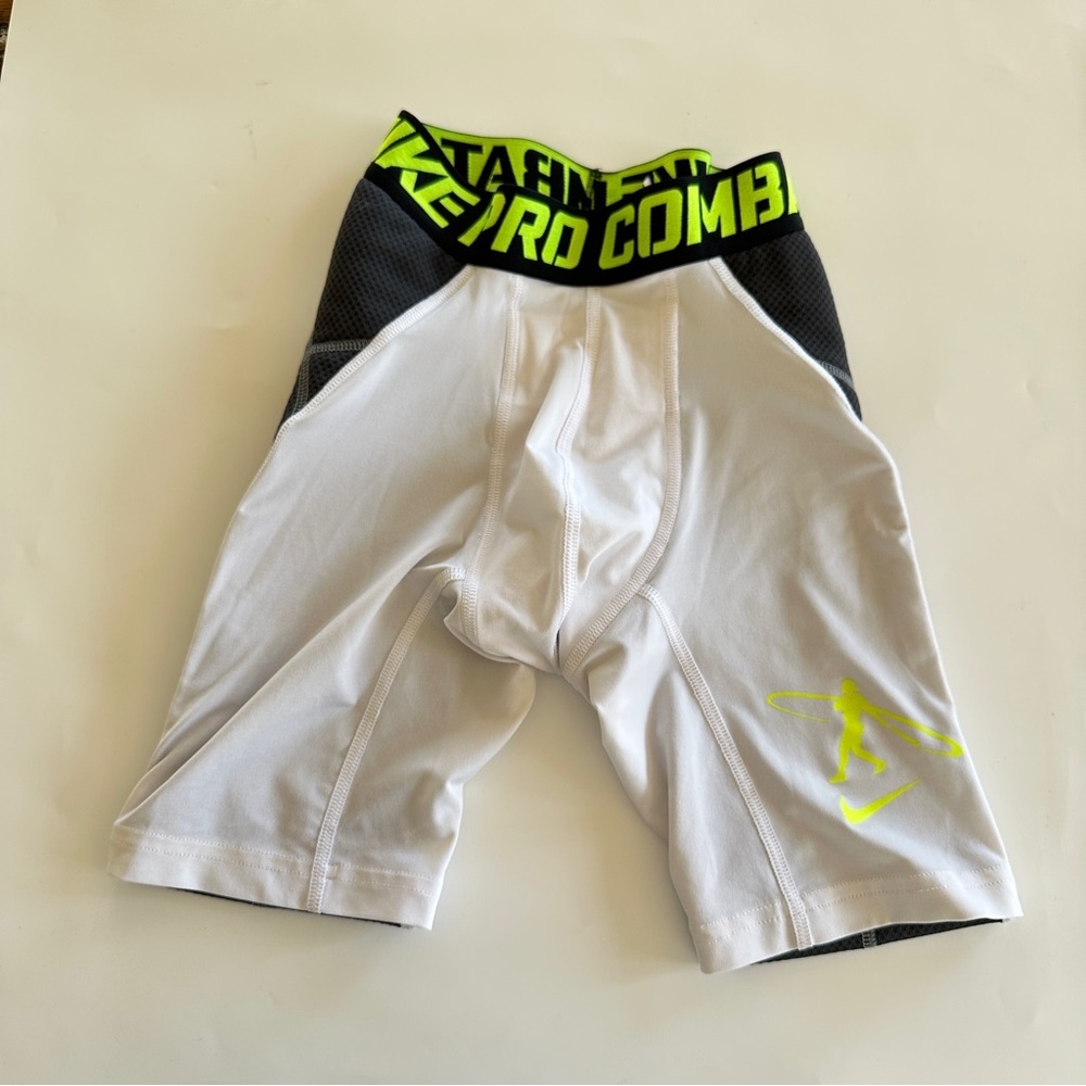 Nike Pro Combat Boy’s Baseball Sliding White Shorts with Neon Green Trim Size M